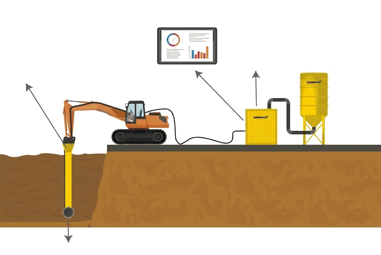 VANROCK Soil Stabilization System operating dynamics — power mixer, control center and storage bin